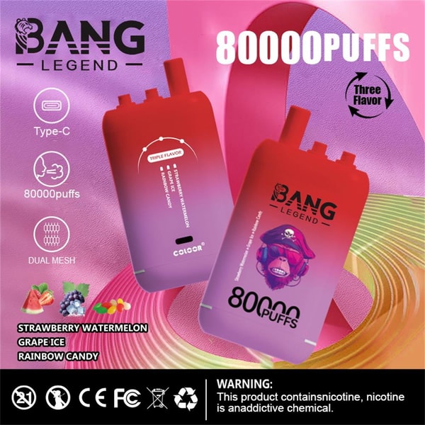 Bright pink and purple advertisement showing two red Bang Legend disposable vapes labeled 80,000 puffs with icons for Type-C charging and dual mesh, a three-flavor note and listed flavors (strawberry watermelon, grape ice, rainbow candy), brand logo and a nicotine addiction warning.