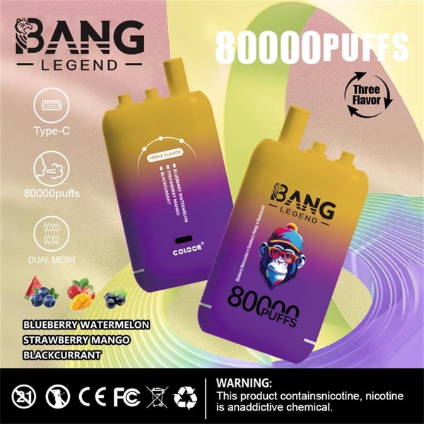 Two gradient yellow-to-purple disposable vape devices labeled BANG LEGEND and 80000 PUFFS shown on a colorful abstract background, with icons for Type-C charging, 80000 puffs and dual mesh, listed flavors (blueberry watermelon, strawberry mango, blackcurrant) and a nicotine warning bar along the bottom.