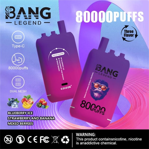 Promotional graphic for Bang Legend disposable vape showing two purple-pink devices with a sunglasses-wearing ape logo, large "80000 puffs" text, icons for Type-C and dual mesh, flavor images and labels for blueberry ice, strawberry and banana, mixed berries, and a nicotine addiction warning at the bottom.