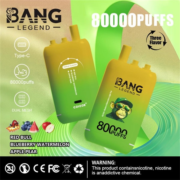 Advertisement for BANG LEGEND disposable vape showing two yellow-green gradient devices with large "80000 PUFFS" text, product icons for Type-C charging, 80000 puffs and dual mesh, flavor images and labels (Red Bull, Blueberry Watermelon, Apple Pear), a "Three Flavor" badge, and a nicotine-warning bar across the bottom.