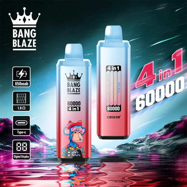 Two gradient metallic Bang Blaze disposable vape devices labeled "60000 4 in 1" with a cartoon monkey, a small digital display and icons for 650mAh, 1.0Ω and Type‑C, set against a neon cosmic landscape with mirrored water reflections and large '4 in 1 60000' text.