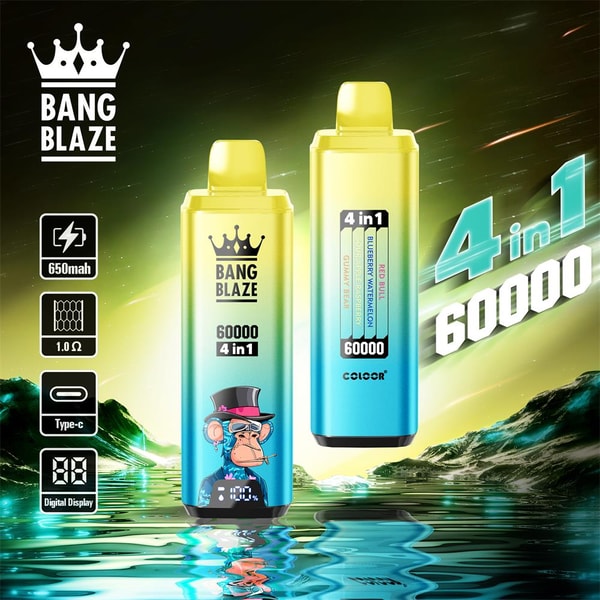 Two gradient yellow-to-teal Bang Blaze disposable vape devices standing over a reflective water surface against a glowing green mountainous background, one device labeled "60000 4 in1" and featuring a cartoon monkey in a top hat, with product icons for 650mAh, 1.0Ω, Type-C and digital display visible.