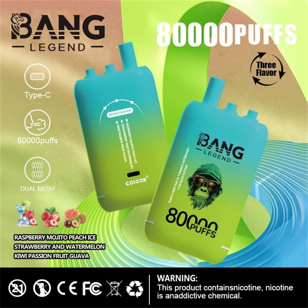 Two teal-to-green gradient Bang Legend disposable vape devices prominently labeled 80000 PUFFS, with icons for Type‑C, 80,000 puffs and dual mesh, small flavor illustrations and names, and a black bottom strip showing regulatory icons and a nicotine addiction warning.