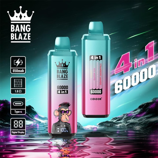 Two metallic teal-to-pink Bang Blaze disposable vape devices standing over a reflective neon lake, featuring a crown logo, '60000 4 in 1' labeling, a cartoon ape graphic on one unit, a flavor strip on the other, and icons for 650mAh, 1.0Ω, Type-C and digital display with large '4 in 1 60000' text to the right.