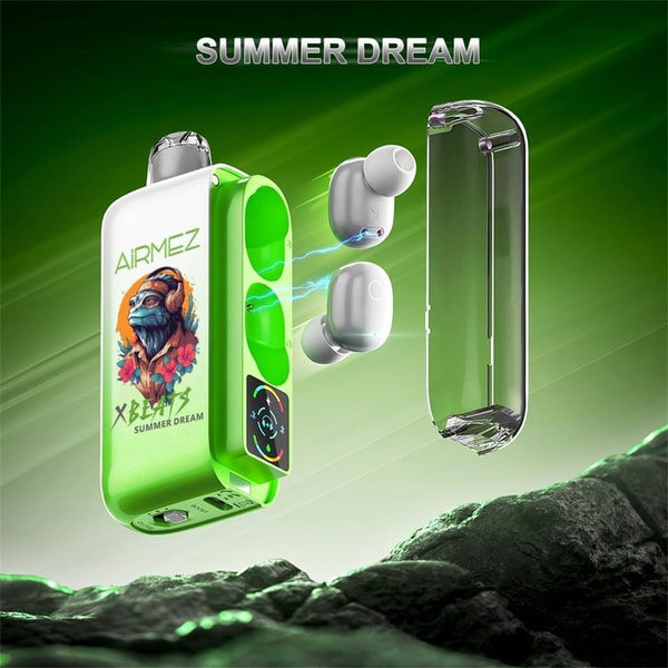 Vibrant lime-green earbuds charging case labeled AIRMEZ with a colorful bearded character illustration and the words SUMMER DREAM, its transparent lid removed and two white earbuds floating beside it with blue electrical arcs, set against a glowing green background and rocky foreground.