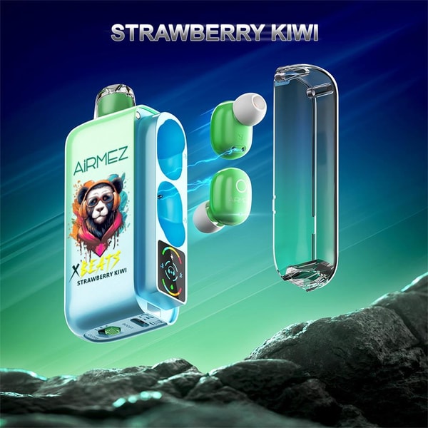 Floating teal-and-green wireless earbuds with a matching charging case labeled AiRMEZ and a transparent lid, set against a dramatic green-blue gradient backdrop with the title STRAWBERRY KIWI and a rocky foreground.
