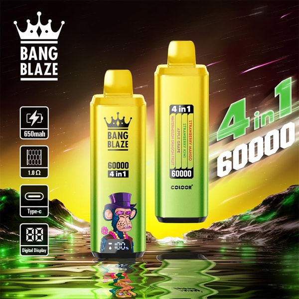 Two yellow-green Bang Blaze disposable vape devices labeled "60000 4-in-1" with a small cartoon monkey graphic, flavor indicators and a digital display, reflected on green water against a glowing mountainous background with feature icons for 650mAh, 1.0Ω and Type‑C.