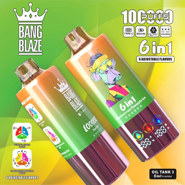 Two metallic gradient Bang Blaze disposable vape devices on a green‑yellow background—one showing the crown logo and the other featuring a colorful cartoon monkey—accompanied by bold “6 in 1” flavor text, a puff‑count claim and small icons indicating Type‑C charging, battery capacity, Oil Tank 3 and an LED screen.