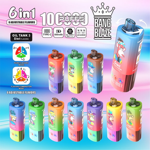 Colorful gradient disposable vape devices with cartoon monkey graphics and a 'Bang Blaze' logo arranged on a pastel background, highlighting '6-in-1' adjustable flavors, Type-C charging, 850mAh battery, oil tank and LED screen icons and a rotating mouthpiece detail.