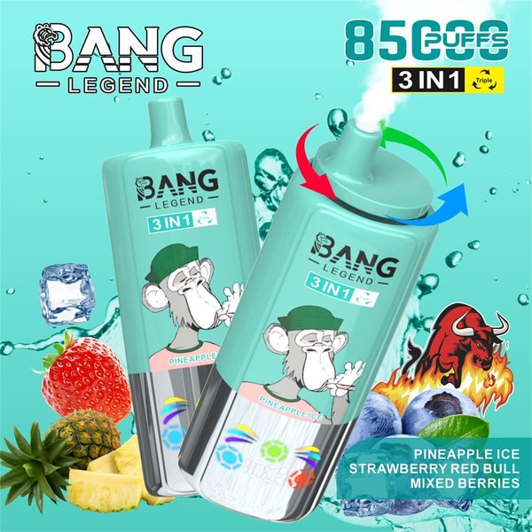 Two teal BANG LEGEND 3-in-1 disposable vape devices featuring a cartoon monkey and 'Pineapple Ice' label, surrounded by pineapple slices, a strawberry, blueberries, an ice cube and a flaming red bull graphic, with prominent '8500 puffs' text.
