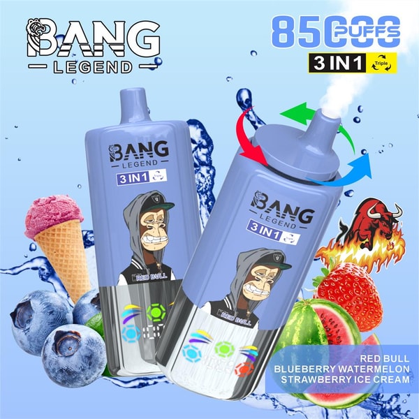 Two lavender disposable vape devices labeled BANG LEGEND 3 IN 1 with a cartoon ape logo and directional arrows, set on a blue water-splash background surrounded by blueberries, an ice cream cone, strawberry, watermelon, a flaming bull graphic, and text advertising 8500 puffs and flavor trio (Red Bull, blueberry watermelon, strawberry ice cream).