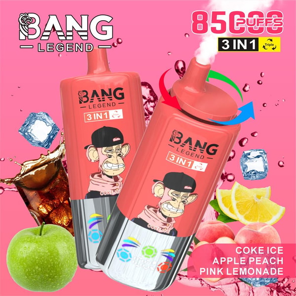 Two coral-pink BANG Legend 3-in-1 disposable vape devices with a cartoon monkey logo, colorful function icons and a twist cap, shown on a pink background with ice cubes, a cola splash, green apple, peaches, lemon slices and text advertising 8500 puffs and flavors Coke Ice, Apple Peach, Pink Lemonade