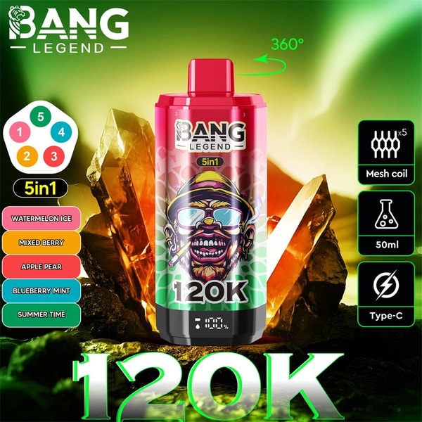 Vibrant ad featuring a pink-and-green Bang Legend 5-in-1 disposable vape device labeled 120K centered against glowing green and amber crystal formations, with a flavor list (Watermelon Ice, Mixed Berry, Apple Pear, Blueberry Mint, Summer Time) shown at left and icons at right indicating five mesh coils, 50 ml capacity and Type‑C charging.
