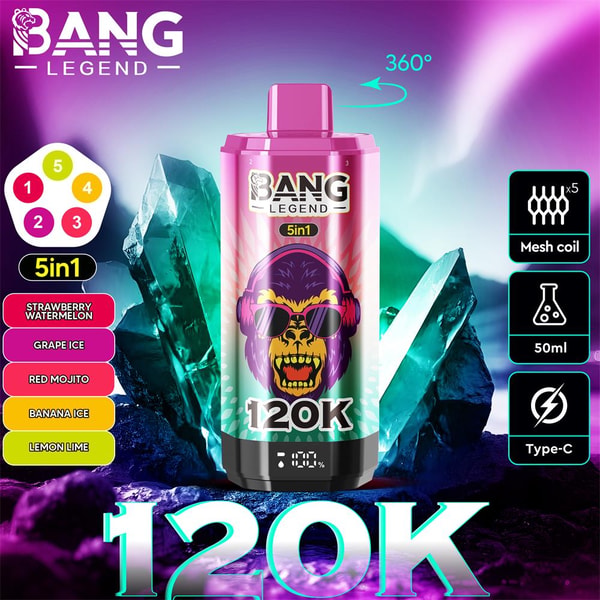 Colorful advertisement featuring a pink Bang Legend 5-in-1 disposable vape canister with a sunglass-wearing monkey graphic and bold "120K" label, set against crystalline teal and purple background with icons showing five flavors, mesh coil, 50ml capacity, Type-C charging and 360° rotation.