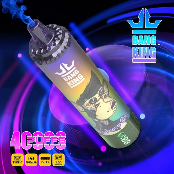 Cylindrical Bang King disposable vape with a colorful gradient label featuring a cartoon gorilla in goggles and the Bang King crown logo, emitting blue vapor against a neon purple and blue swirling background, with bold "40,000 PUFFS" text and small icons indicating Type‑C, 1000mAh battery and 1.0Ω mesh coil.