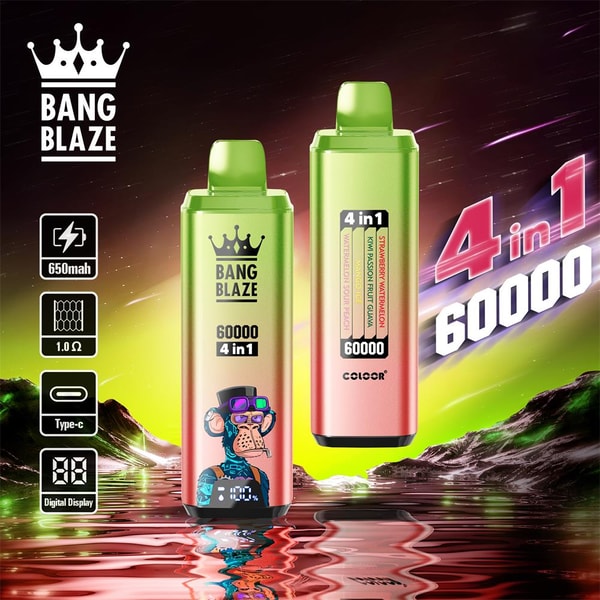 Two metallic green-to-pink disposable vape devices branded 'Bang Blaze' with '60000 4 in 1' text, one featuring a cartoon monkey and a small digital display, shown in a neon landscape with icons indicating 650mAh, 1.0Ω, Type-C and digital display and large '4 in 1 60000' promotional text.