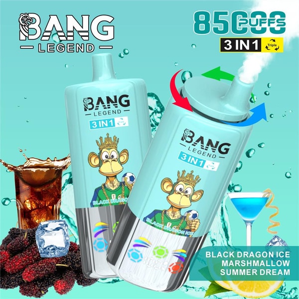 Two turquoise Bang Legend 3‑in‑1 disposable vape devices featuring a crowned cartoon monkey and markings like "8500 puffs" and flavor names Black Dragon Ice, Marshmallow, Summer Dream, set against a splashing aqua background with ice cubes, mulberries, a cola glass and a blue cocktail.