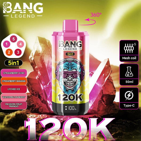 Bright promotional image showing a pink and yellow 'Bang Legend' 120K disposable vape with a grinning neon monkey logo, surrounded by crystalline rocks, a 5‑in‑1 flavor list (strawberry kiwi, strawberry banana, lychee ice, watermelon berry, passion fruit mango), icons for mesh coil, 50ml capacity and Type‑C charging, and large '120K' text at the bottom.