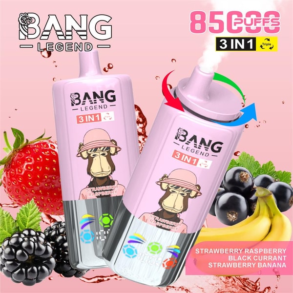 Pink Bang Legend disposable vape devices with a monkey wearing a bucket hat, labeled 3-in-1 and 8500 puffs, displayed against strawberries, blackberries, black currants and bananas with text listing flavors strawberry raspberry, black currant and strawberry banana