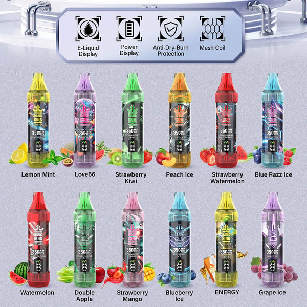 Twelve colorful disposable vape pens displayed in two rows with fruit-themed packaging and labeled flavors (Lemon Mint; Love66; Strawberry Kiwi; Peach Ice; Strawberry Watermelon; Blue Razz Ice; Watermelon; Double Apple; Strawberry Mango; Blueberry Ice; ENERGY; Grape Ice), with a top banner showing icons for e-liquid display, power display, anti-dry-burn protection, and mesh coil.