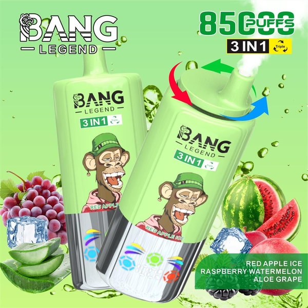 Two lime-green Bang Legend 3-in-1 disposable vape devices with a cartoon monkey logo, text advertising 85,000 puffs and triple-flavor capability, shown with rotation arrows around the mouthpiece and surrounded by watermelon, grapes, aloe vera, raspberries and ice cubes on a green background