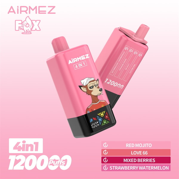Two pink AiRMEZ Fox 4-in-1 disposable vape devices against a pink gradient background, one displaying a cartoon fox wearing a beanie and a '4 IN 1' label and the other showing '1200 puffs' and a flavor list (Red Mojito, Love 66, Mixed Berries, Strawberry Watermelon).