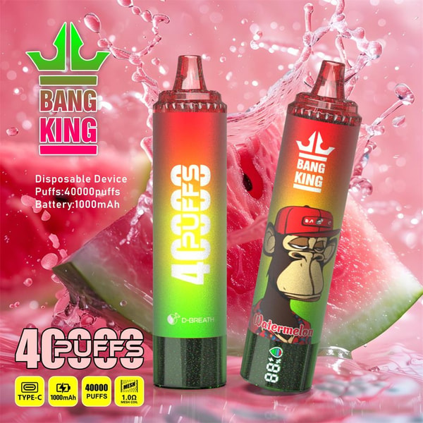 Two red-and-green disposable Bang King vape devices standing against a splashing watermelon background, one labeled 40000 PUFFS and the other featuring a monkey in a red cap and the word Watermelon with battery and puff icons and product specs.