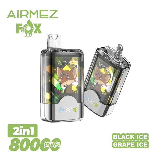 Two transparent AiRMEZ FOX vape devices—one upright and one angled—featuring a stylized fox illustration, metallic silver base, clear mouthpiece, and green text indicating 2in1 8000 puffs and flavors Black Ice and Grape Ice