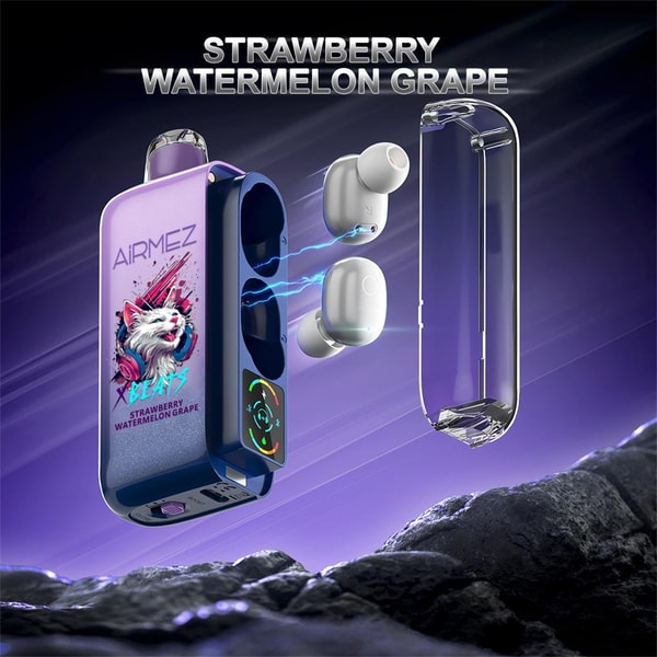 Purple-themed product image showing a purple-blue wireless earbud charging case labeled Airmez with a colorful cat illustration and the words Strawberry Watermelon Grape, a transparent lid open and two white earbuds floating with blue electric arcs between them against a streaked purple sky and rocky foreground.