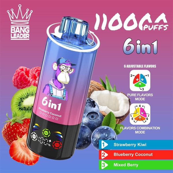 Bright pink-to-blue advertisement for a Bang Leader 6-in-1 disposable vape featuring a tall blue-pink device with a purple cartoon ape illustration, a bold "11000 puffs" headline, surrounding fruits (strawberry, kiwi, raspberry, blueberries, coconut) and a sidebar listing flavor modes including Strawberry Kiwi, Blueberry Coconut and Mixed Berry.
