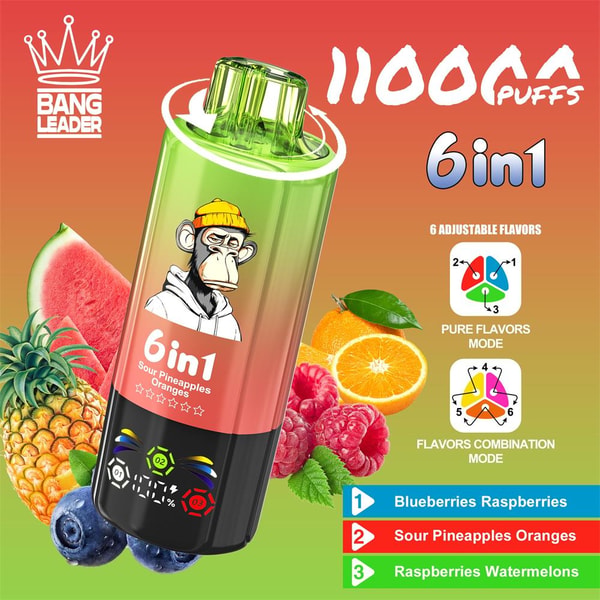 Colorful ad for a Bang Leader disposable vape showing a green-to-orange 6-in-1 device with a cartoon monkey, '11000 puffs' text, flavor icons and surrounding fruits (pineapple, watermelon, orange, raspberries, blueberries).