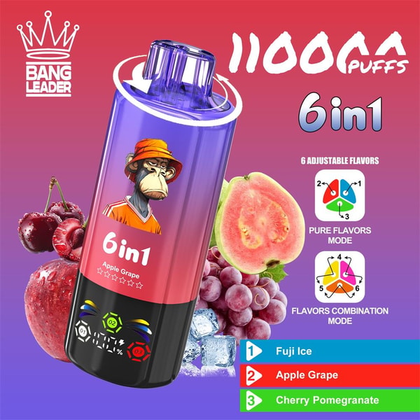 Product advertisement showing a purple-and-black disposable vape device labeled '6in1' and '11000 puffs' with a stylized ape logo, surrounded by apples, grapes, guava, cherries and ice cubes and a sidebar listing flavors: Fuji Ice, Apple Grape, Cherry Pomegranate.