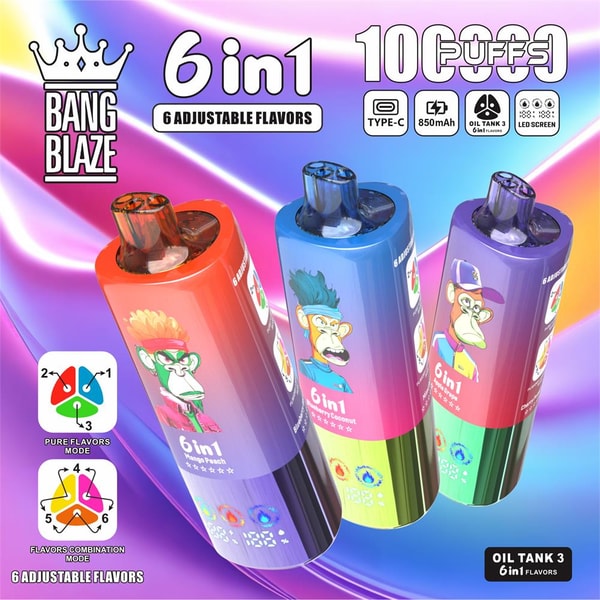 Three colorful cylindrical vape devices with cartoon ape illustrations and metallic gradient finishes displayed against a purple-pink iridescent background, surrounded by branding and text reading Bang Blaze, 6 in1 and 10 puffs plus icons for Type-C, 850mAh, Oil Tank 3 and LED screen and small diagrams showing 6 adjustable flavor modes