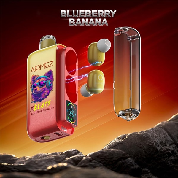 Red AIRMEZ charging case featuring a colorful wolf graphic and 'Blueberry Banana' text, paired with two yellow-green wireless earbuds connected by blue electrical arcs to a floating transparent cover, all set against an orange gradient background and rocky foreground with the 'BLUEBERRY BANANA' title above.
