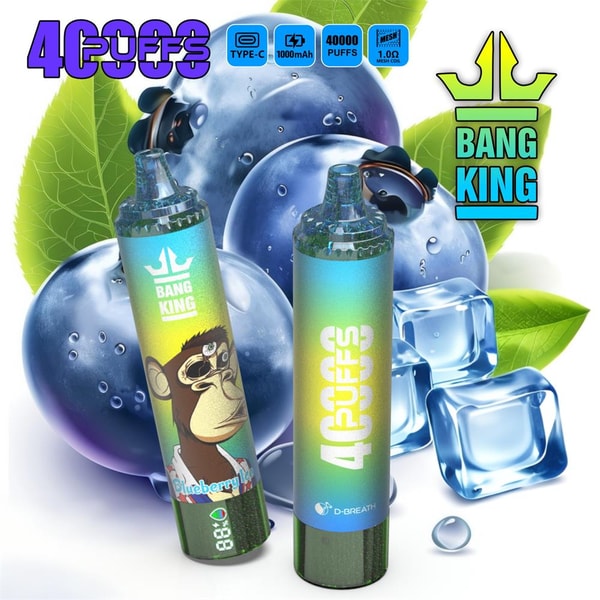 Two gradient-blue disposable vape pens labeled Bang King and 4000 Puffs standing amid large blueberries, ice cubes and green leaves, one pen showing a cartoon monkey and a Blueberry flavor label.
