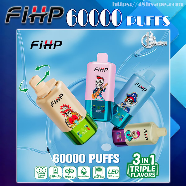 Promotional graphic showing five colorful FIHP disposable vape devices with cartoon skull and pirate designs against a blue background, labeled "60000 PUFFS" and "3 in 1 Triple Flavors" with small icons indicating 650mAh, Type-C charging, 54ml volume, dual mesh coil and LED screen.