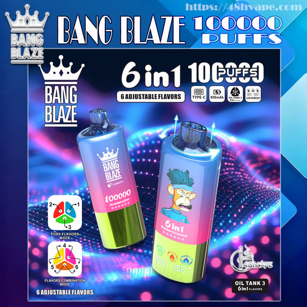 Two metallic gradient Bang Blaze disposable vape devices against a neon digital background, one labeled "100000 puffs" and the other "6 in 1" with a cartoon monkey, accompanied by icons for 6 adjustable flavors, Type-C charging, 850mAh battery and oil tank.