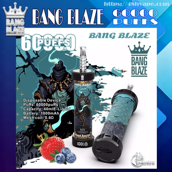 Promotional graphic for Bang Blaze disposable vape showing two teal-and-black cylindrical devices with a crown logo, “60,000 puffs” headline and specs (40ml e-liquid, 1000mAh battery, 0.6Ω mesh coil), and mixed-berries flavor depicted by strawberries and blueberries against a stylized dark-figure background.
