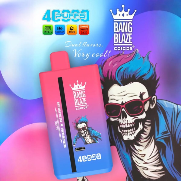 Bright pink-to-blue gradient disposable vape device labeled BANG BLAZE COLOR with a crown logo, product icons for Type-C charging, 650mAh battery, 40ml e-liquid and 1.2Ω resistance, and the slogan 'Dual flavors, Very cool!' against a colorful abstract background featuring a stylized figure with vibrant blue and purple hair and sunglasses.