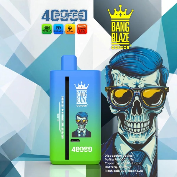 Gradient blue-to-green rectangular disposable vape device with a crown logo reading BANG BLAZE COLOR, prominent “4 PUFFS” branding, icons indicating Type-C charging, 650mAh battery and 40ml e-liquid capacity, set against a geometric blue-and-white background.