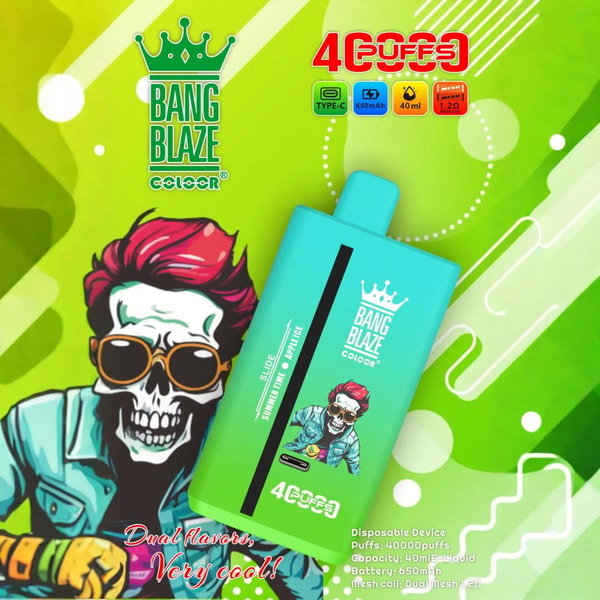 Vibrant green promotional poster for a Bang Blaze Color disposable vape device showing a turquoise rectangular unit with crown logo and skull-with-sunglasses artwork, product icons for Type-C charging, 650mAh battery and 40ml capacity, and a stylized red-haired cartoon figure in the background.