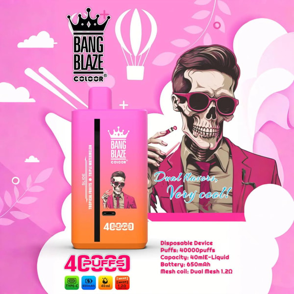 Bright pink-and-orange disposable vape device labeled BANG BLAZE centered on a hot-pink background with a stylized suited man, hot-air-balloon and cloud graphics, the slogan “Dual flavors, Very cool!” and product icons and specs noting 40ml e-liquid, 650mAh battery, Type-C charging and 40,000 puffs.