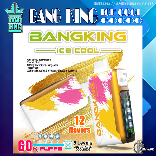 Advertisement for Bang King Ice Cool 60,000 disposable vape showing two white-and-gold devices with pink brushstroke accents, prominent text 'BANG KING ICE COOL 60000', and badges highlighting '60K puffs', '12 flavors', '5 levels adjustable coolness' plus battery and e-liquid specs.