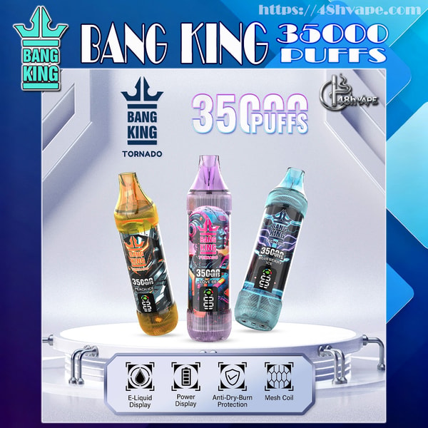 Advertisement featuring three colorful Bang King Tornado disposable vape devices displayed on a round pedestal beneath large "BANG KING" and "35,000 PUFFS" text and crown logo, with product graphics and four small icons labeled e-liquid display, power display, anti-dry-burn protection, and mesh coil.