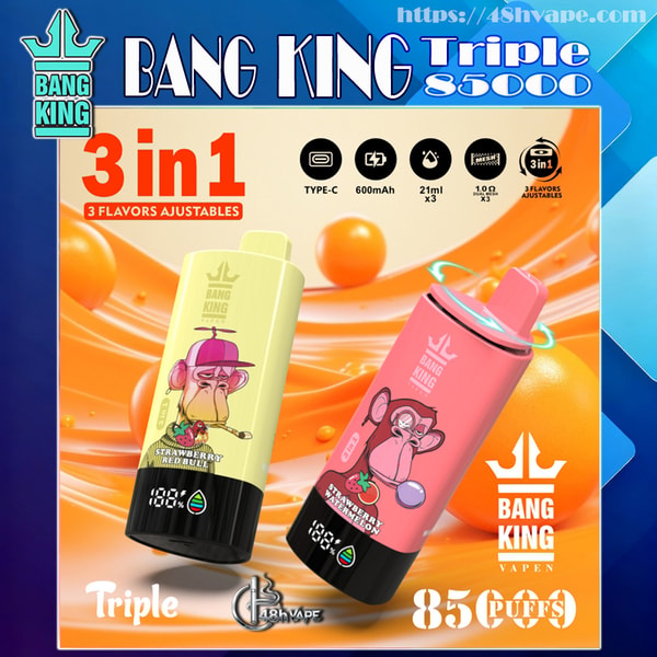 Two colorful Bang King disposable vape devices—yellow and pink—displaying cartoon monkey graphics and flavor labels ('Strawberry Red Bull' and 'Strawberry Watermelon') against an orange swirled background with promotional icons and text reading '3 in 1', 'Type‑C', '600mAh', '21ml x3', and '85 puffs'.