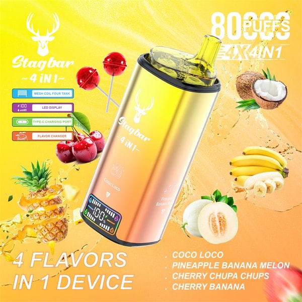 Gradient gold-to-pink Stagbar 4-in-1 disposable vape with a transparent yellow mouthpiece and small LED display, shown amid pineapple, banana, melon, coconut and cherry/chupa-chups lollipops with text advertising 80,000 puffs and four flavors.