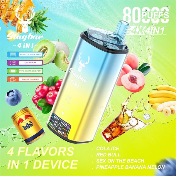 Shiny gradient blue-to-yellow Stagbar 4-in-1 vape device with a clear mouthpiece and small LED display centered on a bright green-yellow background, surrounded by fruit (pineapple, melon, peach, banana, blueberry, cranberries), a Red Bull can and a cola splash, with text promoting "4 flavors in 1 device" and listing Cola Ice, Red Bull, Sex on the Beach and Pineapple Banana Melon.