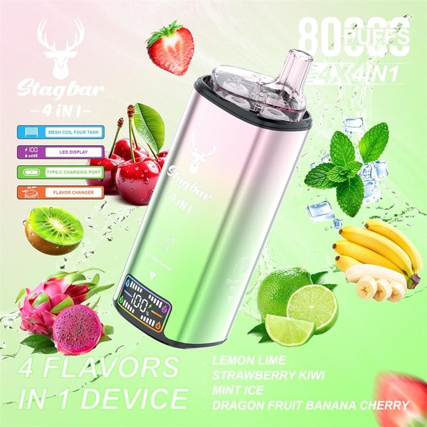 Metallic pastel green-to-pink Stagbar 4-in-1 vape device with a clear mouthpiece and small LED display, set against a fruit-themed background showing strawberry, kiwi, dragon fruit, lime, banana, cherry and mint with text advertising four flavors and 8000 puffs.