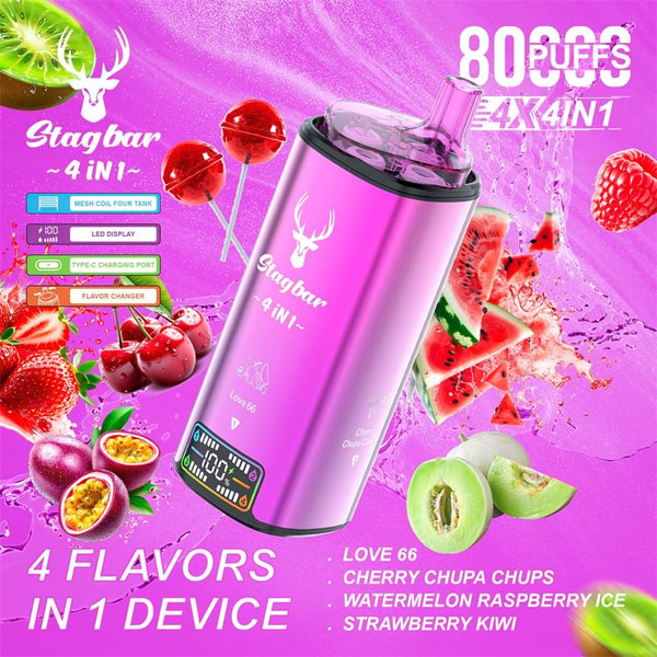 Vibrant pink ad featuring a metallic pink Stagbar 4-in-1 vape with deer logo and LED display, tilted amid splashing fruits and lollipops (watermelon, raspberry, strawberry, kiwi, passion fruit, cherries) and text touting 80,000 puffs, 4 flavors in one device, Type-C charging and flavor changer.