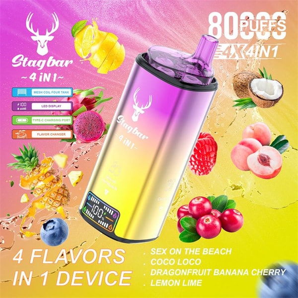 Colorful advertisement showing a metallic gradient Stagbar 4-in-1 vape with a purple mouthpiece and small LED display, surrounded by pineapple, dragonfruit, lemon, coconut, peach, raspberry, blueberry and cherries, with text noting 8000 puffs, four flavors in one device (Sex on the Beach, Coco Loco, Dragonfruit Banana Cherry, Lemon Lime) and icons for mesh coil tank, LED display, Type-C charging and flavor changer.